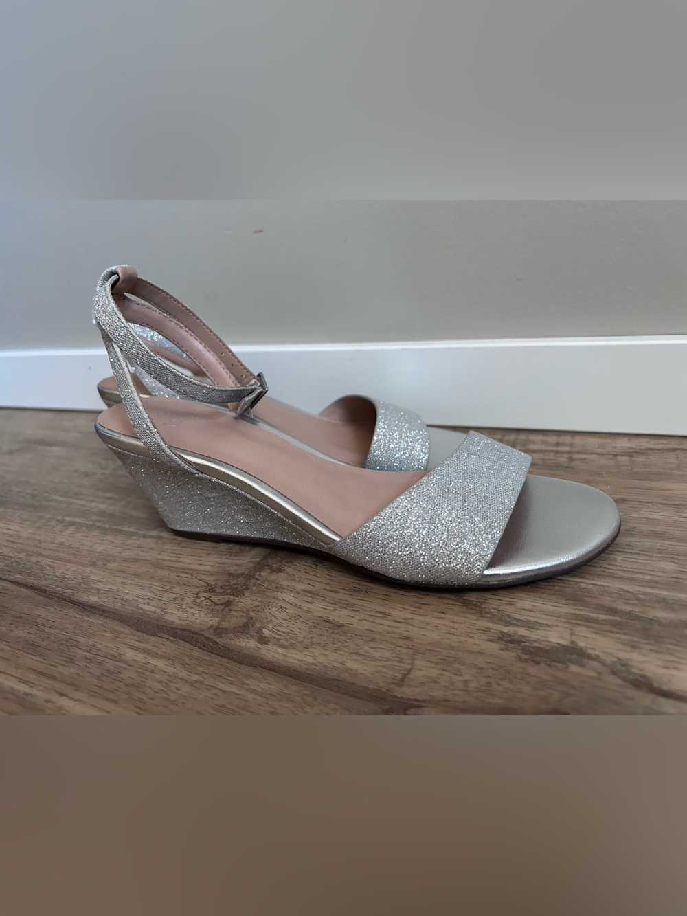 Vegan Call it Spring Silver Glitter sparkle sparkly Wedge Sandals formal